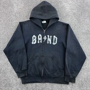 Vintage Y2K Eagle Band Hoodie Mens M Black Zip Sweatshirt ACDC Parody Grunge